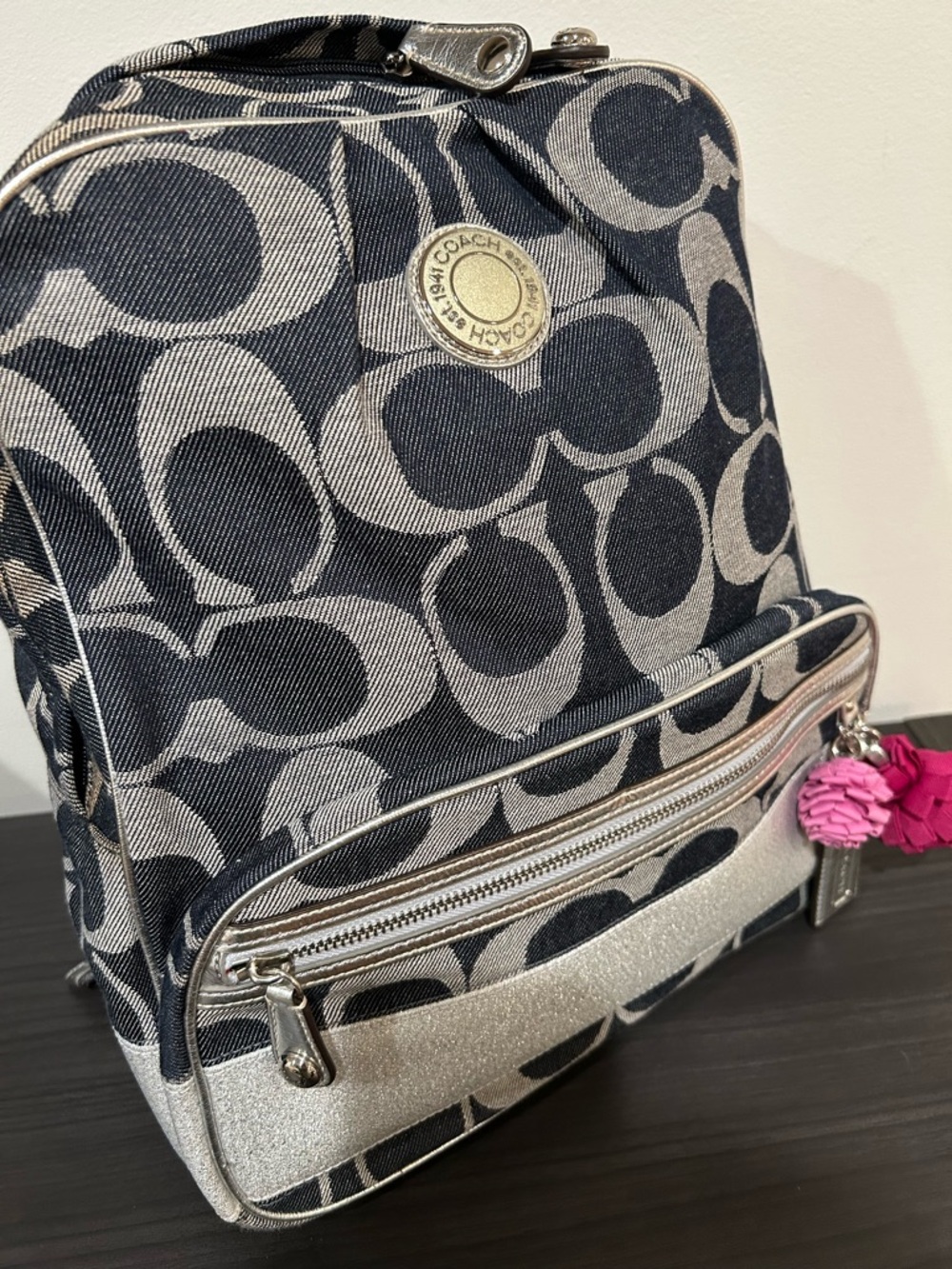 Coach Denim Poppy Signature Silver Stripe Backpack EUC - Picture 11 of 12